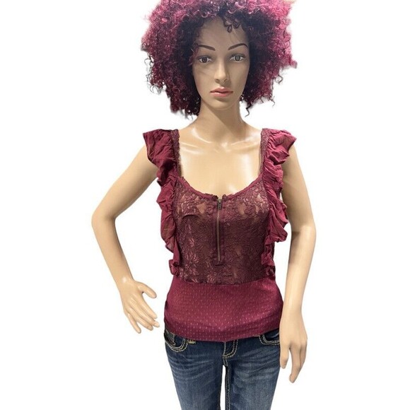 Free People Maroon Lace Deep Ruffle Slim Sheer Sleeveless Womens Shirt Size 6 - Picture 1 of 7